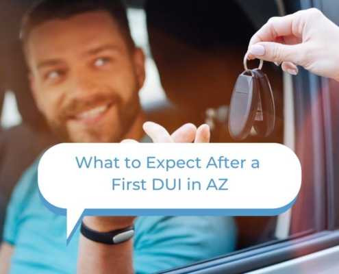 Man in a blue shirt sitting in a sedan with someone handing him the keys. A speech bubble says "What to Expect After a First DUI in AZ".