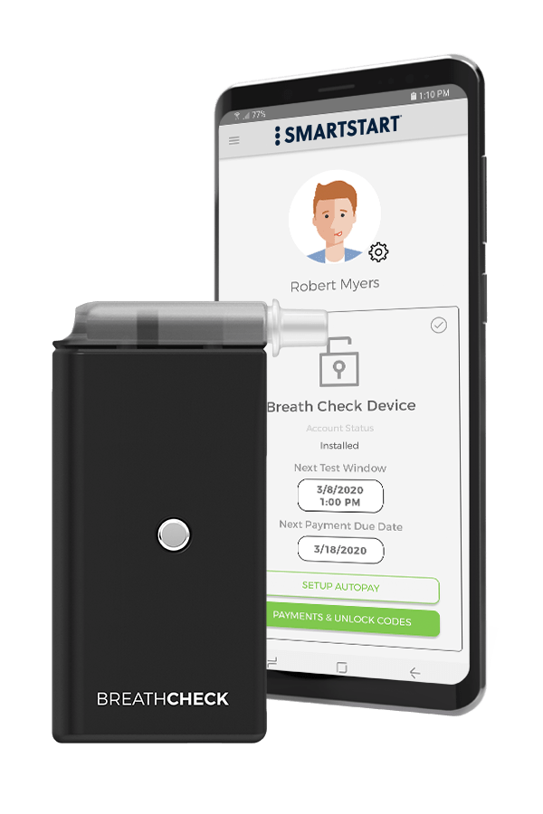Photo of the BreathCheck™ Device with a Mobile Phone displaying the Client Portal Mobile App