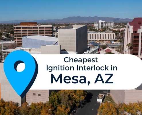 Mesa, Arizona skyline with text "Cheapest Ignition Interlock in Mesa, AZ"