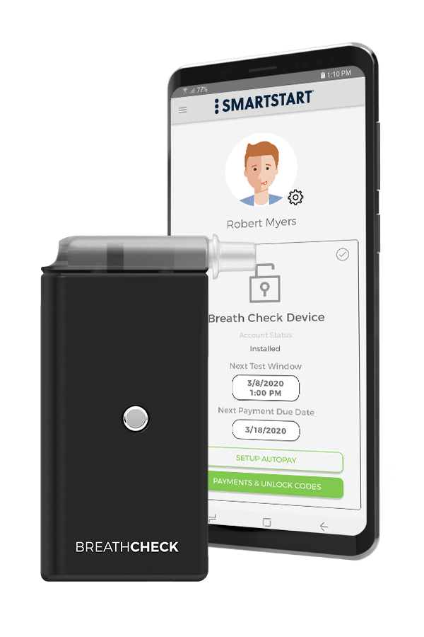 Photo of the BreathCheck™ Device with a Mobile Phone displaying the Client Portal Mobile App